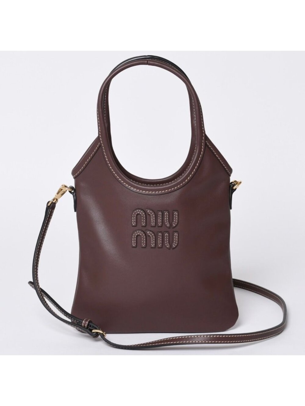 Miu Miu Ivy Mini 2-Way Bag Calfskin Logo Patch Brown Gold